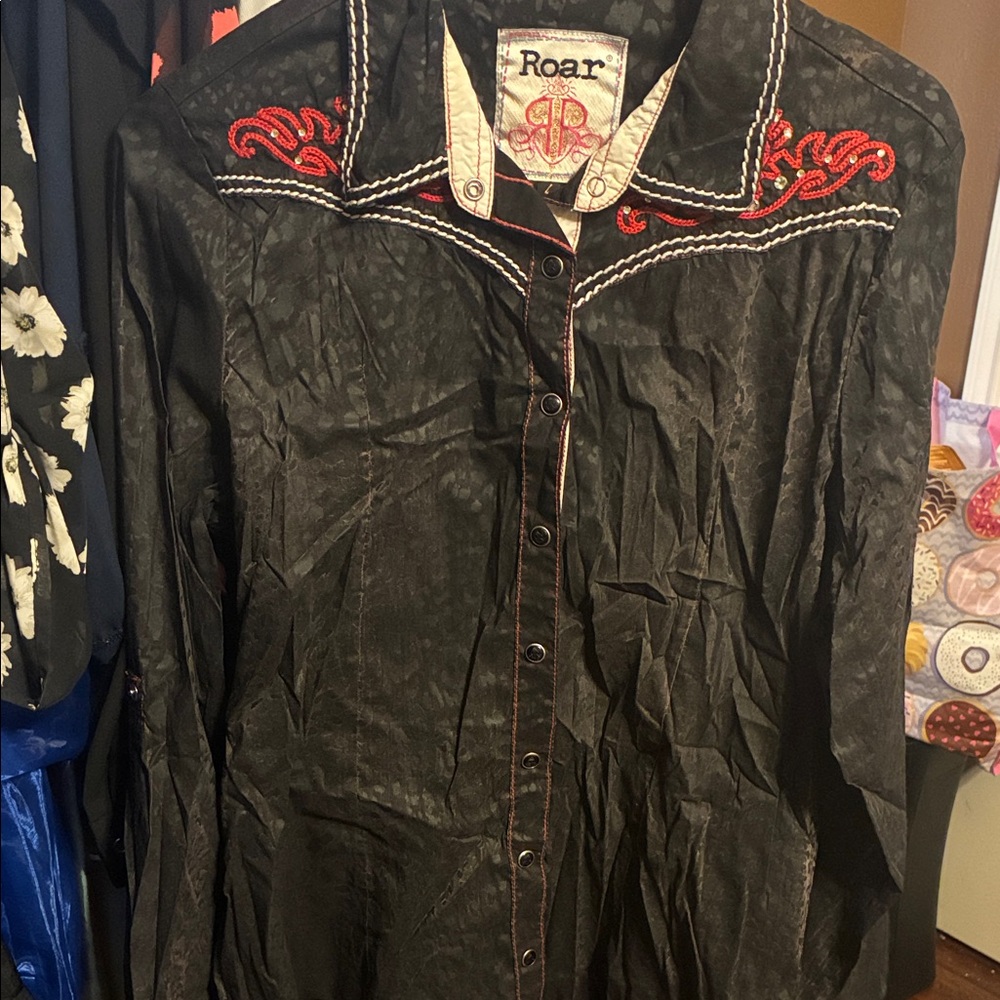 Roar Women's Black Long Sleeve with Red Embroidery. Western Shirts